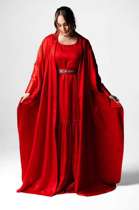 Crimson Red Satin Kaftan Gown Set