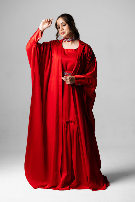 Crimson Red Satin Kaftan Gown Set