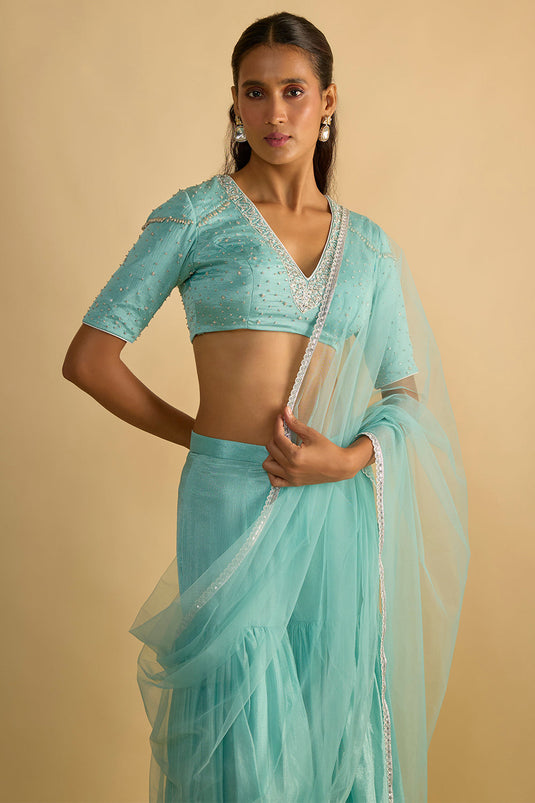Crystal Blue Silk Chiffon Gharara Set with Hand Embroidered Blouse and Net Dupatta