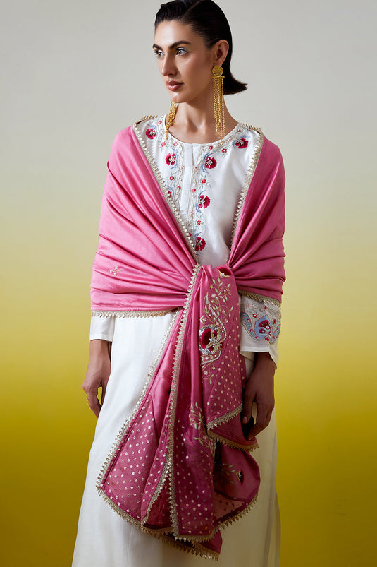 Dark Pink Embroidered dupatta with lace detailing