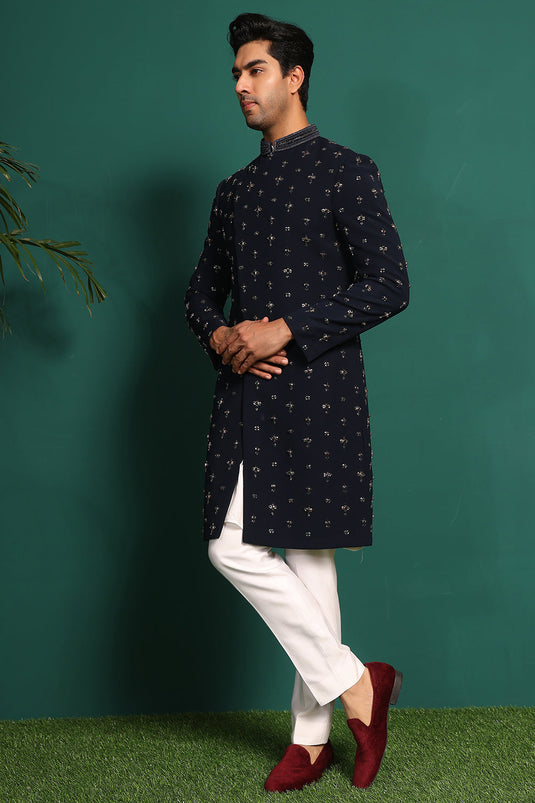 Deep Blue Indowestern handembroidered with stone & Cutdaana details