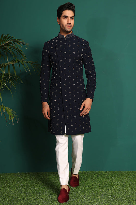 Deep Blue Indowestern handembroidered with stone & Cutdaana details