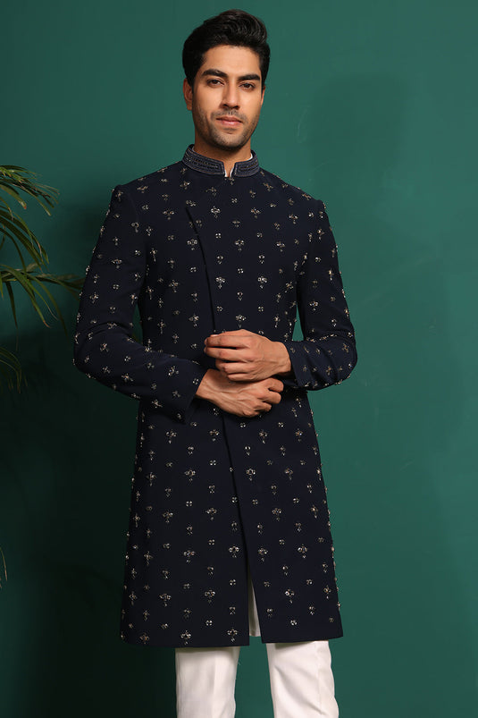 Deep Blue Indowestern handembroidered with stone & Cutdaana details