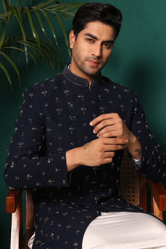 Deep Blue Indowestern handembroidered with stone & Cutdaana details
