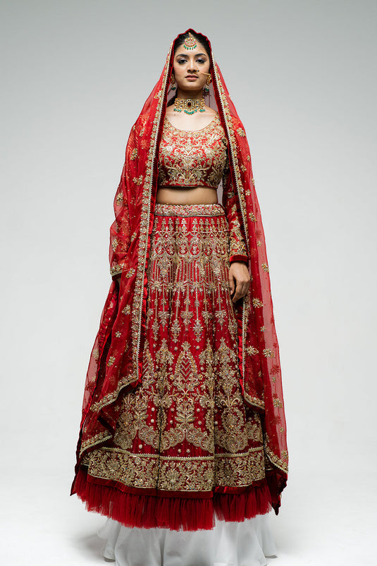 Deep Maroon Machine Embroidered Lehenga Set