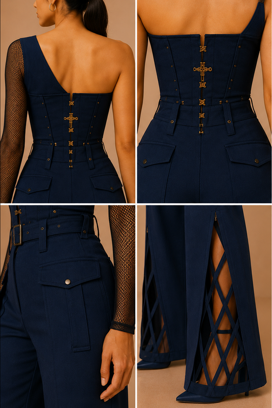 Deep Navy Asymmetric Corset Top & Split Wide-Leg Pants Co-Ord Set