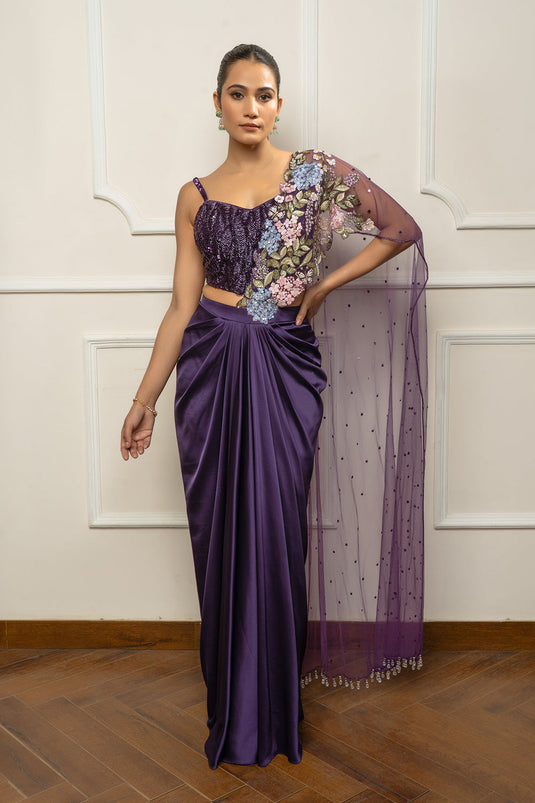 Deep purple drape saree set