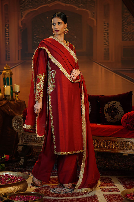 Deep Red Raw Silk Suit Set