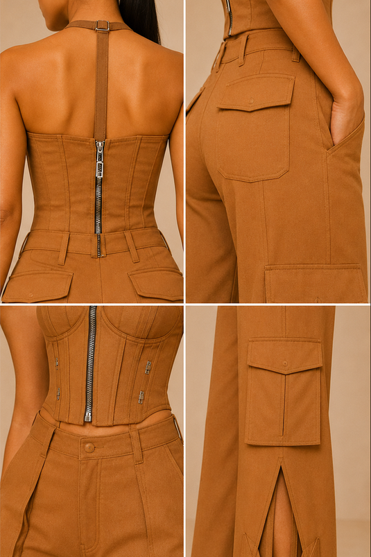 Desert Camel Zip-Up Corset Top & Cargo Pants Co-Ord Set