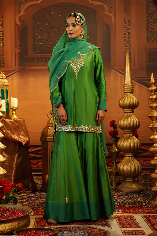 Dual Tone Green Chanderi Silk Gharara Set