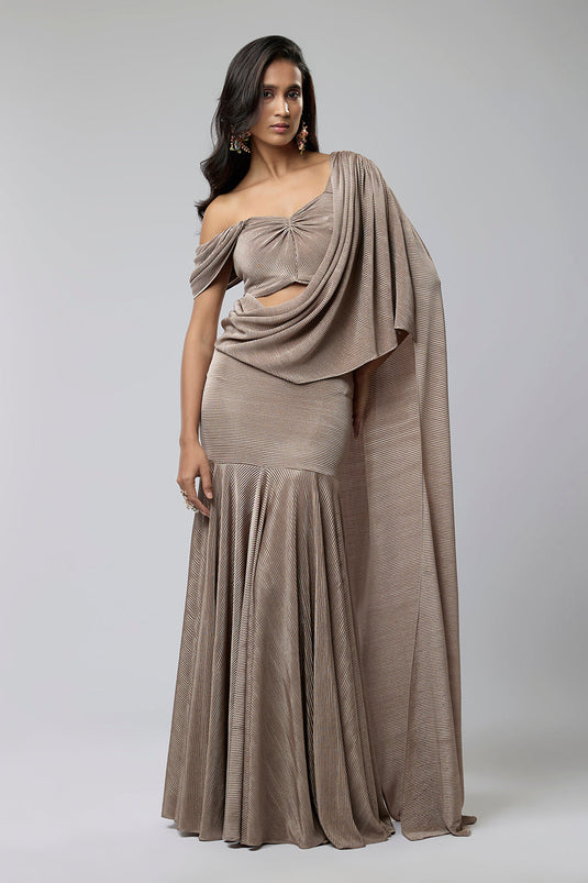 Dull Nude Asymetric One Shoulder Saree Gown