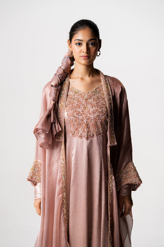 Dusty Mauve Crinkled Satin & Organza Gown Set
