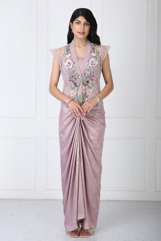 Dusty Mauve Embroidered Jacket With Drape Skirt