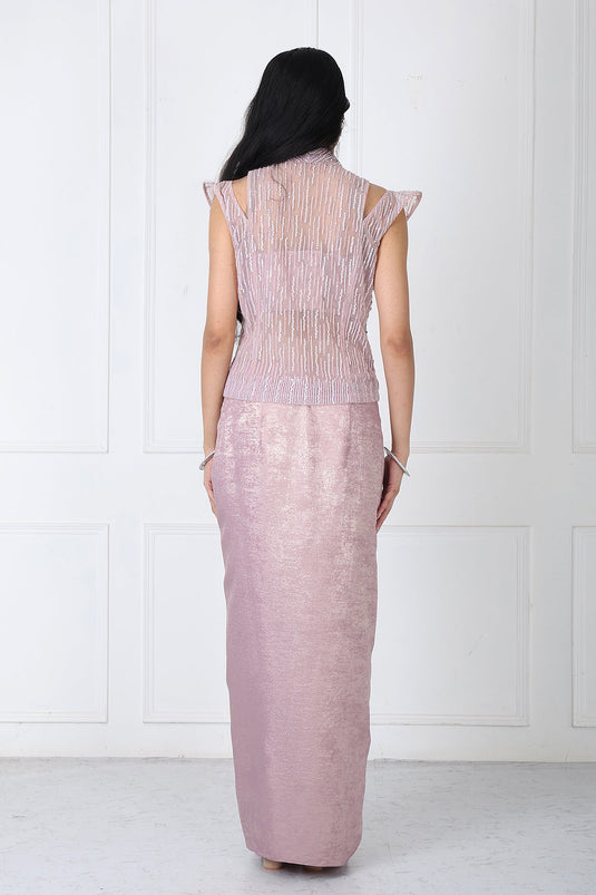 Dusty Mauve Embroidered Jacket With Drape Skirt