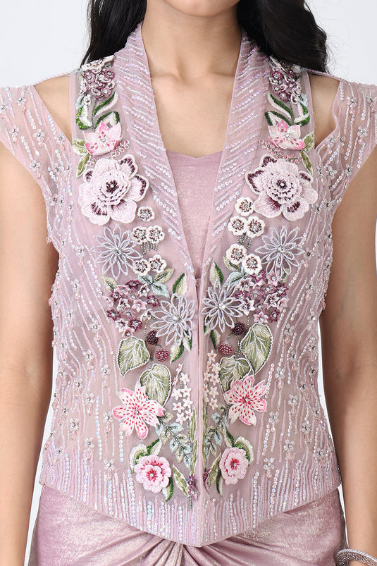 Dusty Mauve Embroidered Jacket With Drape Skirt