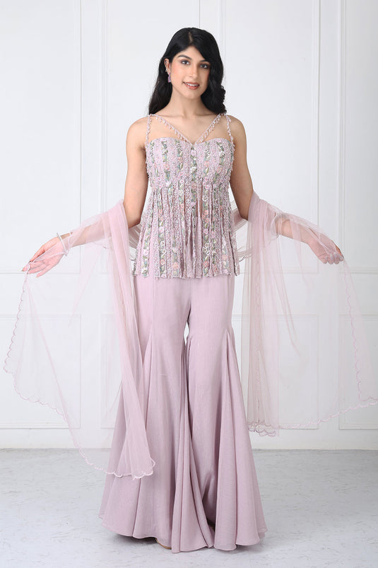 Dusty Pink Fringe Bodysuit With Sharara And Dupatta