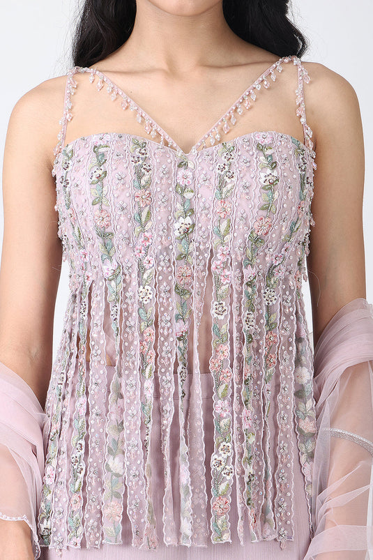 Dusty Pink Fringe Bodysuit With Sharara And Dupatta
