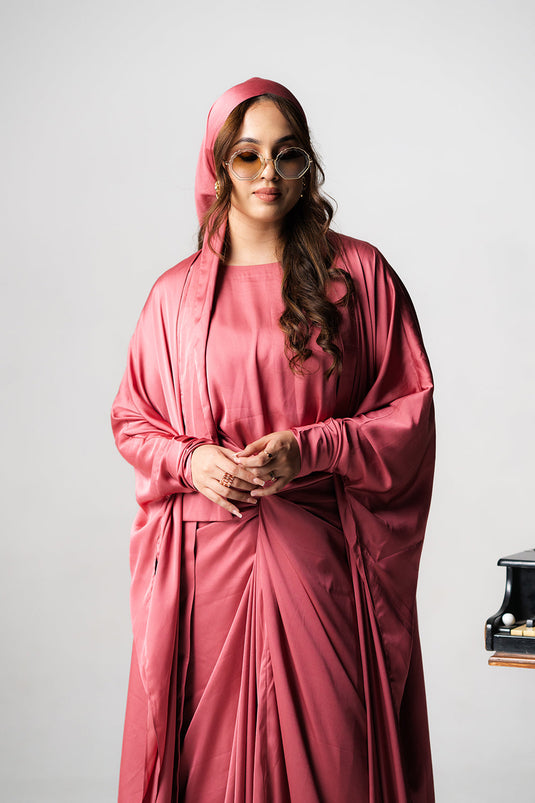 Dusty Rose Satin Kaftan Gown Set