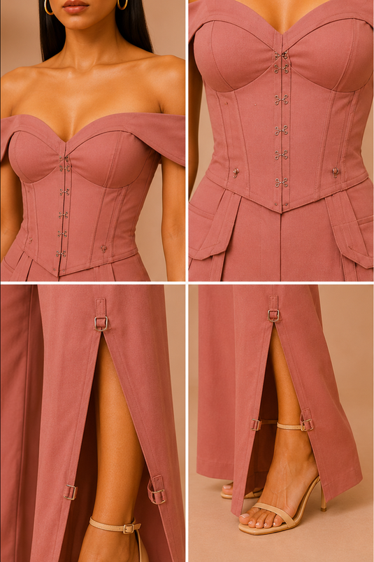 Dusty Rosewood Off-Shoulder Corset Top & Wide-Leg Pants Co-Ord Set