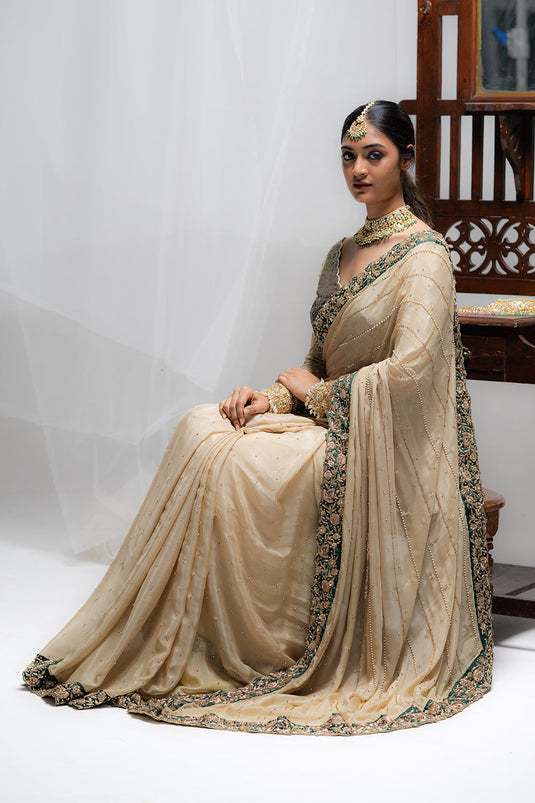 Elegant Beige Embroidered Saree