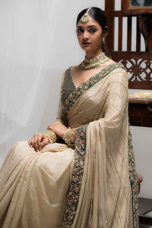 Elegant Beige Embroidered Saree