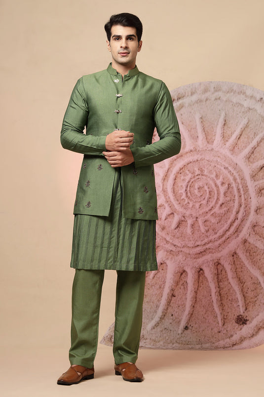 Elegant Green Silk Kurta Jacket Set