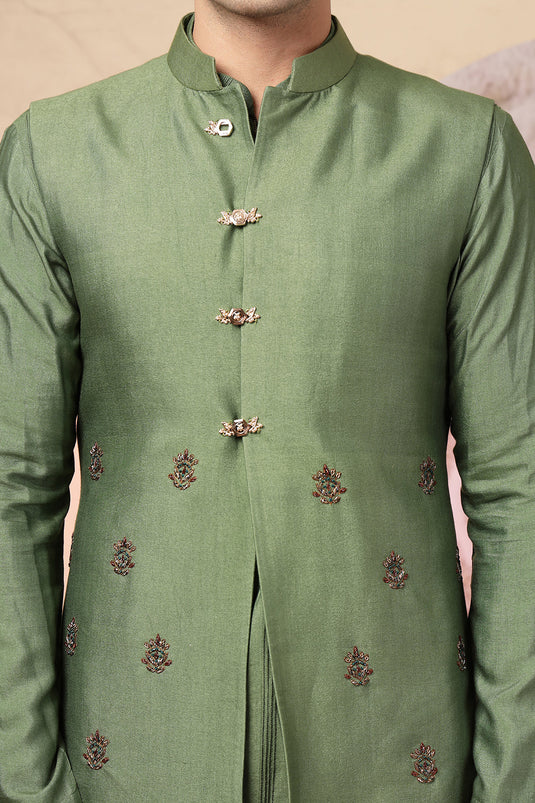 Elegant Green Silk Kurta Jacket Set