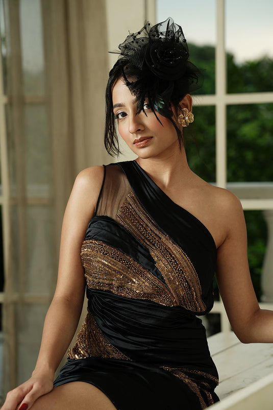 Elegant One-Shoulder Metallic Cocktail Dress