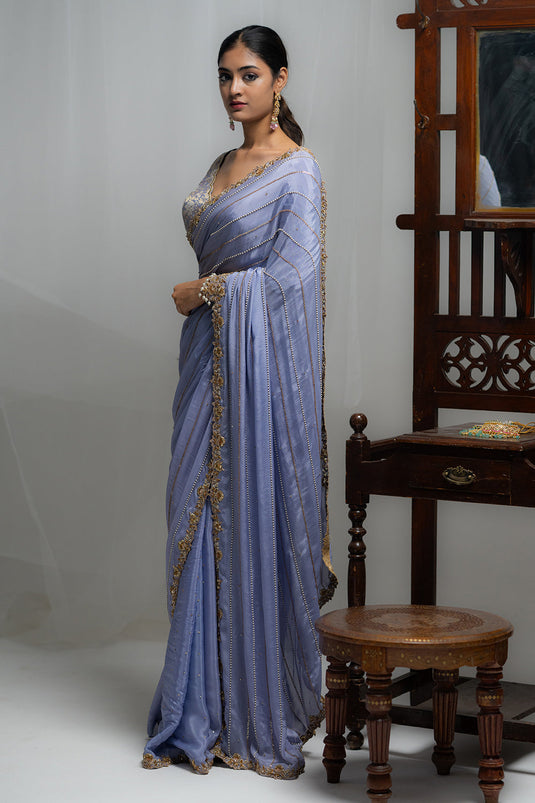Elegant Sky Blue Saree With Embellished Border