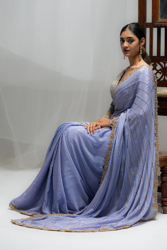 Elegant Sky Blue Saree With Embellished Border