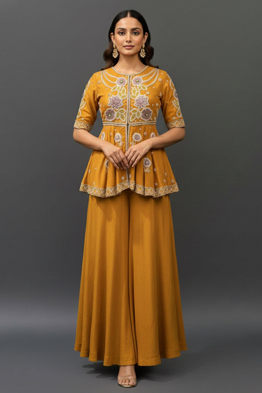 Embellished Chanderi Peplum Top with Kalidar Plazzo