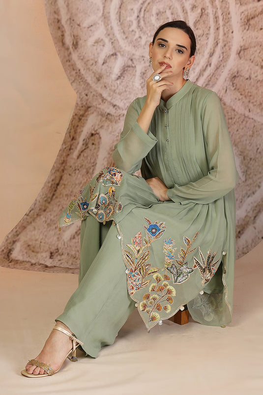 Embroidered Pista Green Indo-Western Set with Palazzo Pants