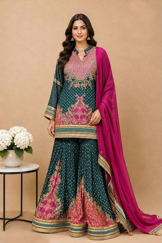 Emerald Green Crepe Sharara Suit With Pink Printed Floral Detailing