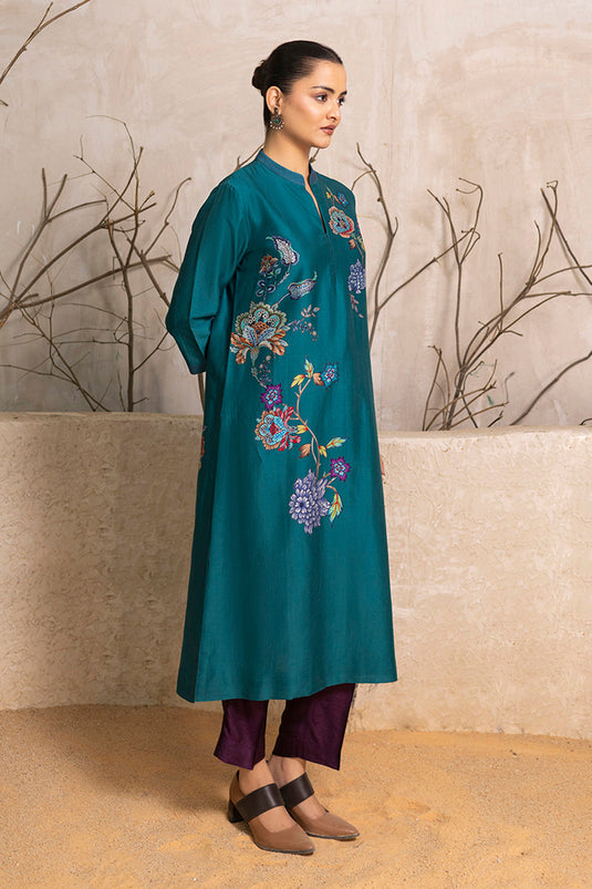 Emerald Silk Chanderi Floral Printed Tunic