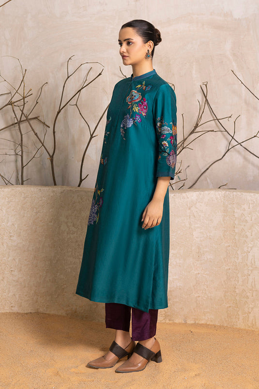Emerald Silk Chanderi Floral Printed Tunic