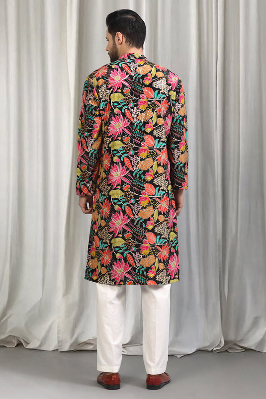 Floral Printed  Embroidered Kurta Set With Back Elastic Pants