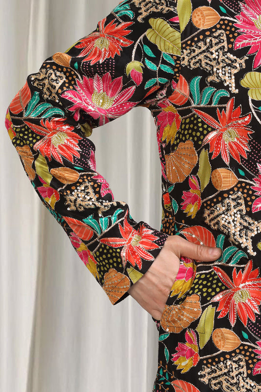 Floral Printed  Embroidered Kurta Set With Back Elastic Pants