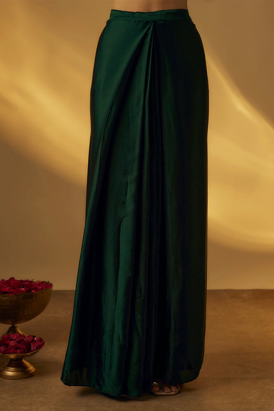 Forest Green Satin Jacket with Saree Drape Skirt