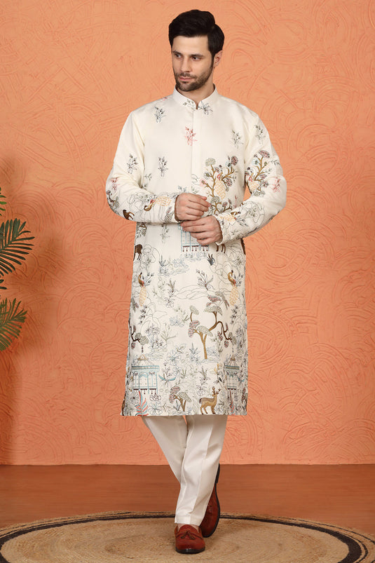 Forest Landscape  All Over  Embroidered Kurta with Back Elastic Pants