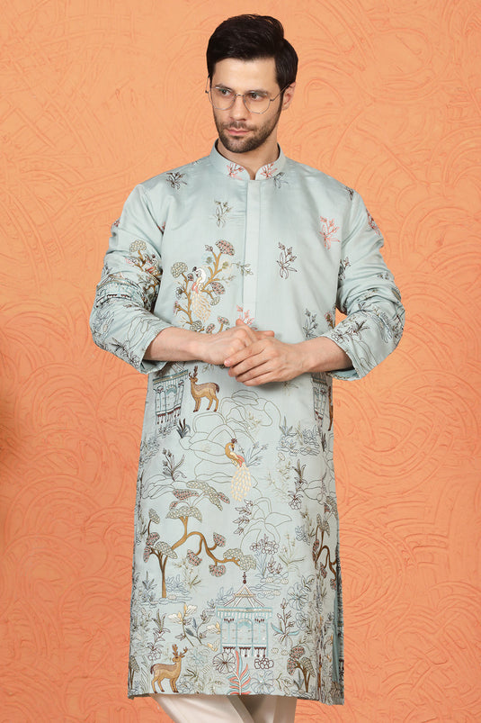 Forest Landscape  All Over  Embroidered Kurta with Back Elastic Pants