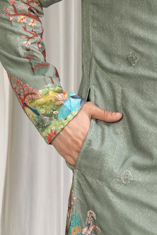 Forest Printed Embroidered Kurta Set With Back Elastic Pants