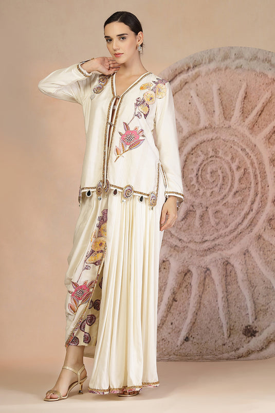Golden Beige Draped Dhoti Pants Set with Button-Down Blouse & Patchwork Detailing