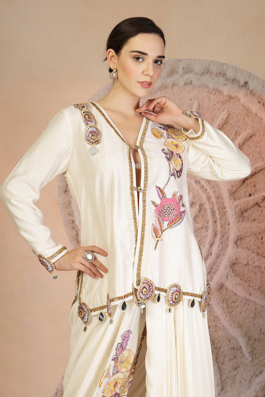 Golden Beige Draped Dhoti Pants Set with Button-Down Blouse & Patchwork Detailing
