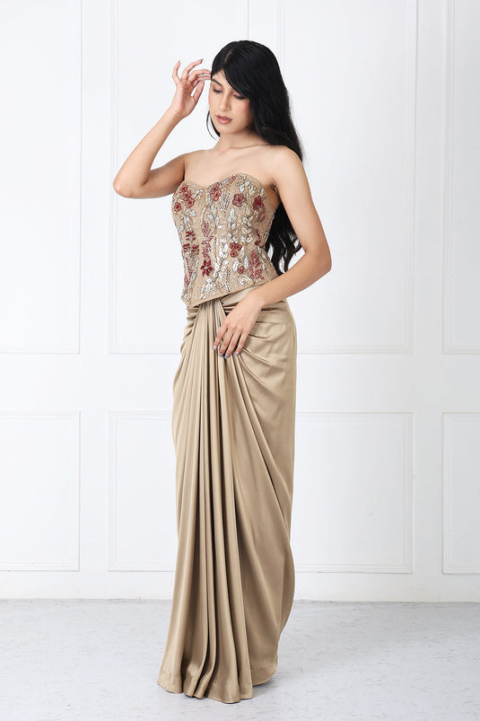 Golden Brown Drape Skirt With Embroidered Corset