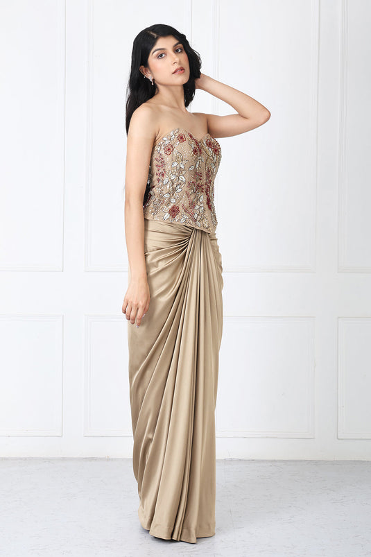 Golden Brown Drape Skirt With Embroidered Corset