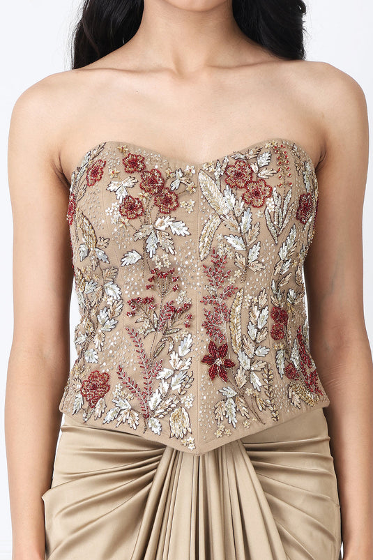 Golden Brown Drape Skirt With Embroidered Corset