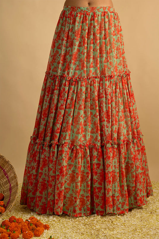 Green and Orange Floral Printed Hand Embroidered Corset with Gathered Lehenga and Shaded hand embellished organza dupatta