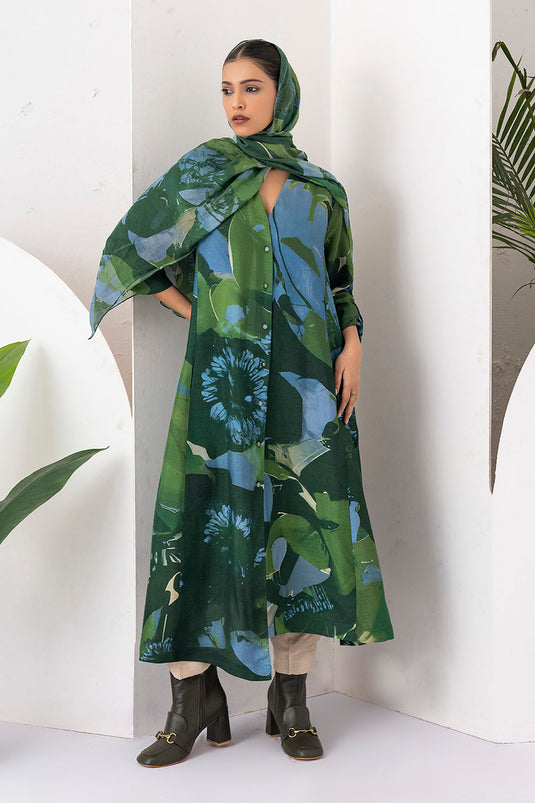 Green & Blue Viscose Dupion Printed Dress
