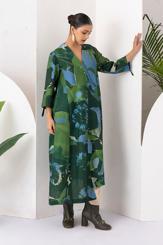 Green & Blue Viscose Dupion Printed Dress