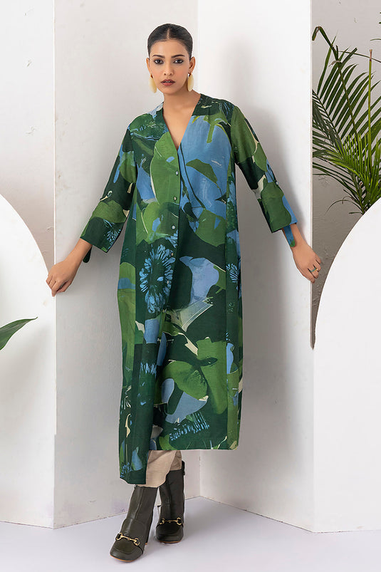 Green & Blue Viscose Dupion Printed Dress